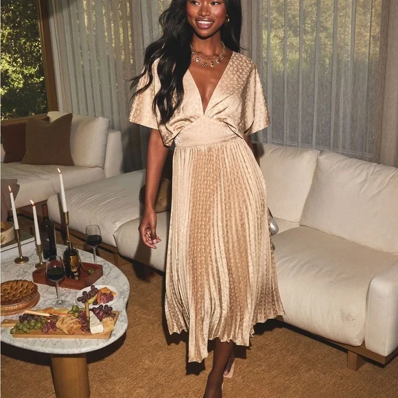 Golden Gatherings Pleated Satin Maxi Dress Size Large - Picture 3 of 10